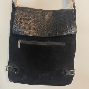 Vintage black suede and alligator crossbody bag
